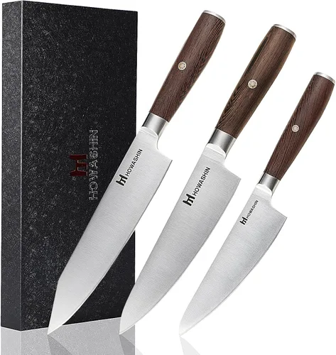 Vista 10 de Juego de cuchillos de cocina de 3 piezas con mango de madera de rosa negra, juego de cuchillos de chef profesional de acero inoxidable alemán