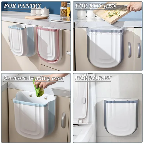 Vista 7 de Cubo de Basura Plegable Montado en la Pared para Gabinete de Cocina - Contenedor de Residuos Pequeño Colgante de 2.4 Galones, Cubo de Basura