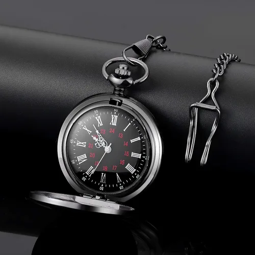 Vista 2 de LYMFHCH Reloj de bolsillo negro con patrón personalizado Steampunk retro vintage de cuarzo con números romanos