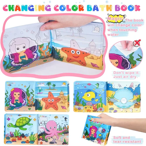 Vista 3 de Juguetes de baño iluminados para niños pequeños, niñas y bebés, juguetes de baño brillantes sin agujeros con libro de baño y organizador, juguetes