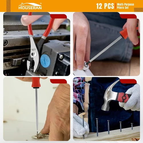 Vista 4 de Juego de herramientas de mano para el hogar de 12 piezas con caja de herramientas - Alicates CRV resistentes, llave ajustable, mazo de goma