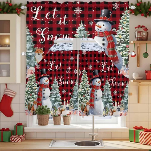 Vista 3 de Juego de cortinas de cocina con cenefa de Navidad de invierno, 3 piezas con bolsillo para barra, cortinas para dormitorio, sala de estar, baño