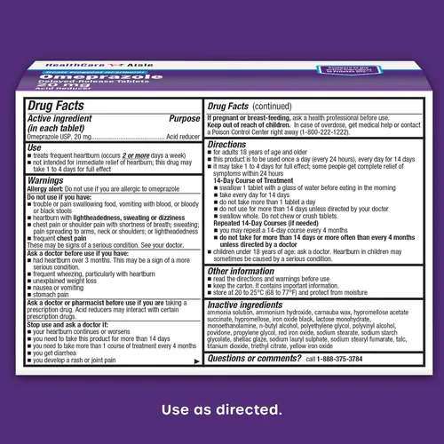 Vista 2 de HealthCareAisle Omeprazol 20 mg - 42 tabletas de liberación retardada - Reductor de ácido, trata la acidez estomacal frecuente
