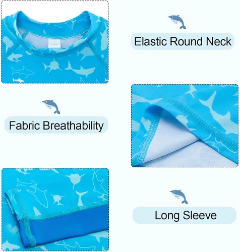 Vista 5 de Funnycokid Camiseta de natación de manga larga UPF 50+ para niños, protección UV, protección solar, natación, surf, 5-12 años