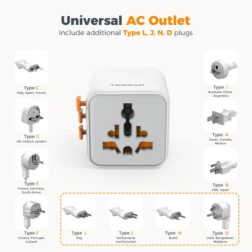 Vista 7 de TESSAN Adaptador de viaje universal con salida de CA dual (tipo C G A I) y convertidor de voltaje de 220 V a 110 V con 4 puertos USB (2 USB C), 2