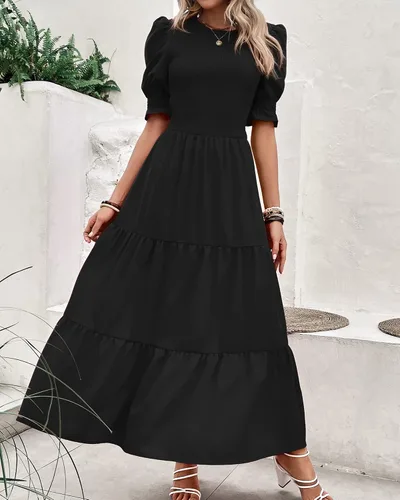 Vista 41 de BTFBM Vestidos para mujer, cuello redondo, casual, de verano, con volantes, manga corta, bohemio, con niveles, fruncido, largo, con estampado floral