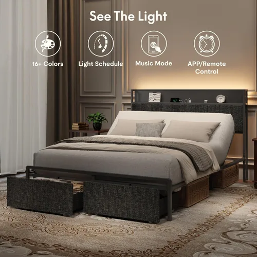 Vista 6 de FLEXISPOT Cama ajustable Queen con cabecera de almacenamiento, estación de carga, inclinación de la cabeza, iluminación LED, cajones