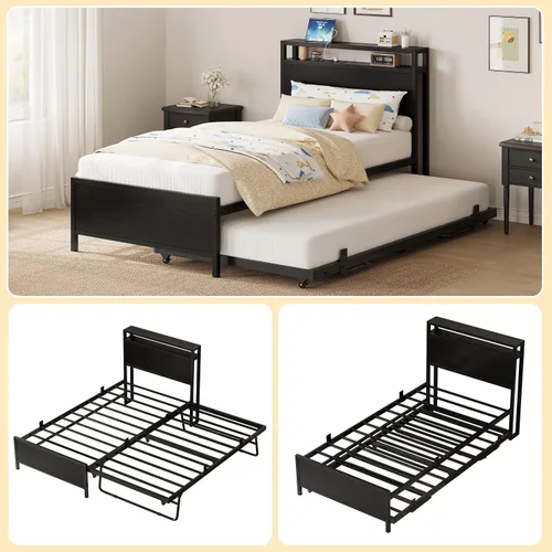 Vista 5 de IRONCK Twin Daybed with Trundle Bed & Storage Headboard & Charging Station Sturdy Metal Twin Bed Frame, Space-Saving Pop Up Trundle Bed for