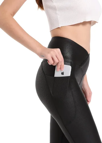Vista 4 de HARTPOR Crossover - Leggings acampanados de piel sintética para mujer, control de abdomen, cintura alta, pantalones de cuero con bolsillos