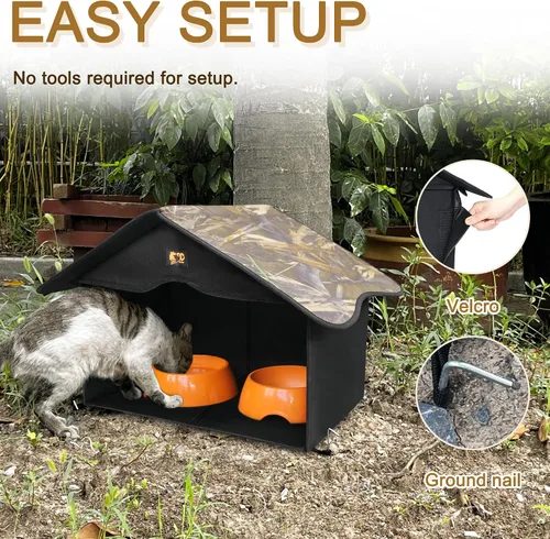Vista 4 de Casa para Gatos al Aire Libre, Refugio Impermeable para Mascotas/Comedor, para Gatos Salvajes/Comunitarios (Camo1)