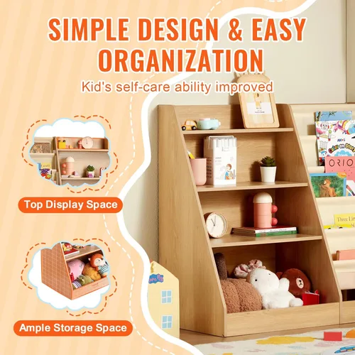 Vista 8 de VEVOR Estantería de madera para niños de 4 niveles, organizador de almacenamiento de juguetes para niños pequeños, estante de libros