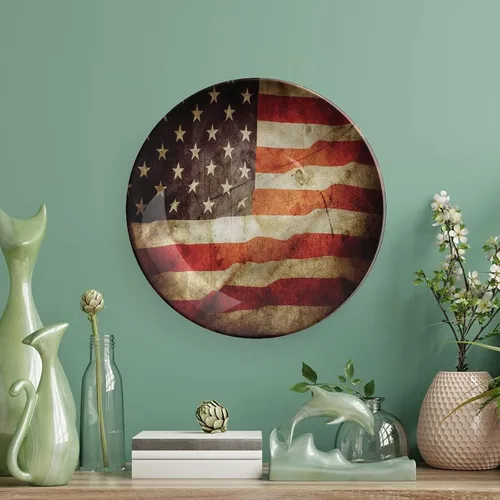 Vista 5 de Platos decorativos, adorno estampado de bandera estadounidense, aspecto patriótico, grunge, 6 pulgadas, decoración de pared de cocina, multicolor