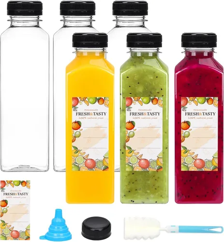 Vista 22 de TOMNK 12 botellas de plástico de 2 onzas con tapas, recipientes reutilizables transparentes a granel para bebidas de jengibre shot, jugo, leche