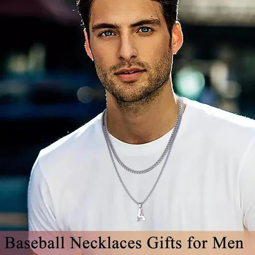 Vista 2 de STORUP Collares de béisbol para niños y hombres, de acero inoxidable en capas plateadas, doradas, negras, iniciales, collares de béisbol para niños