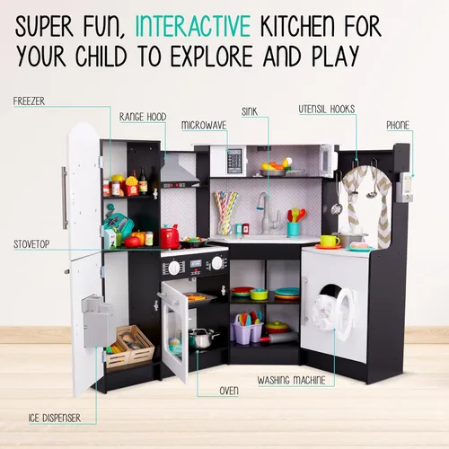 Vista 2 de Lil' Jumbl Juego de cocina de esquina para niños, cocina de lujo de madera de simulación, máquina de hielo a pilas, estufa y grifo con sonido Negro