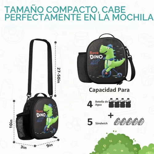 Vista 6 de Lonchera aislada para niños con correa de hombro ajustable impermeable, bolsa de almuerzo reutilizable para niñas y niños, bolsa térmica lavable