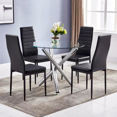 Vista 14 de Juego de mesa de comedor de 5 piezas, moderno juego de mesa de comedor negro para 4, mesa de comedor de cocina de vidrio templado con 4 sillas