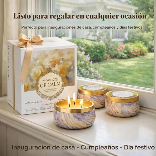 Vista 7 de YMing Juego de 3 velas de regalo de 3 mechas, 14 onzas cada una, velas perfumadas para el hogar, té blanco y salvia, vainilla y ámbar, cedro
