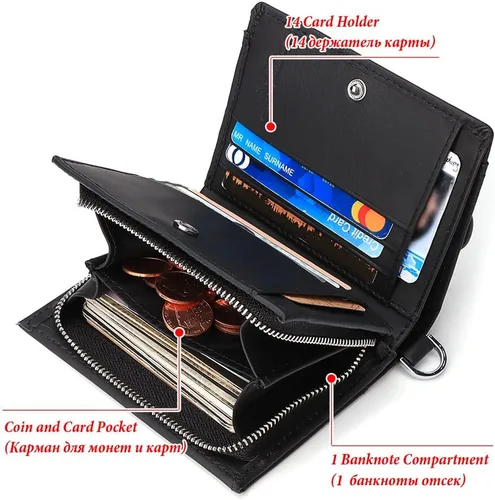 Vista 3 de gzcz Billeteras para hombre con cadena de cuero genuino plegable para hombre Rfid bloqueo monedero con tarjeta de crédito, Negro -, Moderno