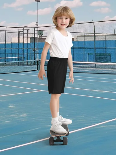 Vista 7 de Resinta Paquete de 4 pantalones cortos para niños pequeños, cintura elástica, pantalones cortos atléticos de baloncesto, fútbol, verano, sin