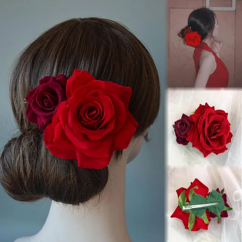 Vista 9 de Peines de pelo de flores, flor de rosa, bohemia, horquilla, disfraz de novia, decoración de pelo para fiesta, boda, rojo (1 unidad)