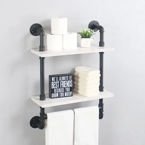 Vista 10 de MBQQ Estante de tubería industrial para baño, estantes montados en la pared, estante de madera rústica de 19.6 pulgadas con toallero, toallero