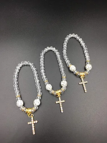 Vista 3 de 12 Nuevo Cristal Blanco/Oro Pulsera Bautizo con Cruz con Bolsas de Organza Recuerdos de Bautizo