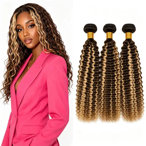 Vista 225 de P4613 Cabello humano rizado onda profunda marrón y paquetes mixtos 8 10 12 P4613 Ombre Marrón-Rubio-DP