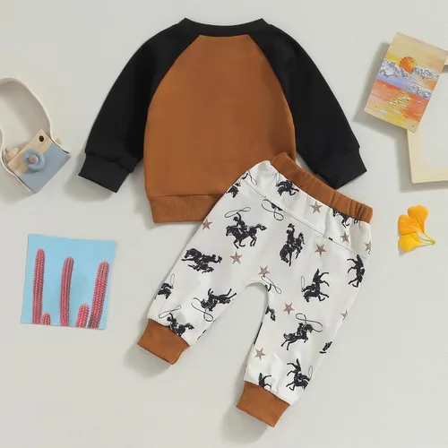 Vista 3 de Conjunto de sudadera de manga larga para bebé del oeste, conjunto de pantalones de caballo de Yee Haw, conjunto de pantalones de vaquero para otoño