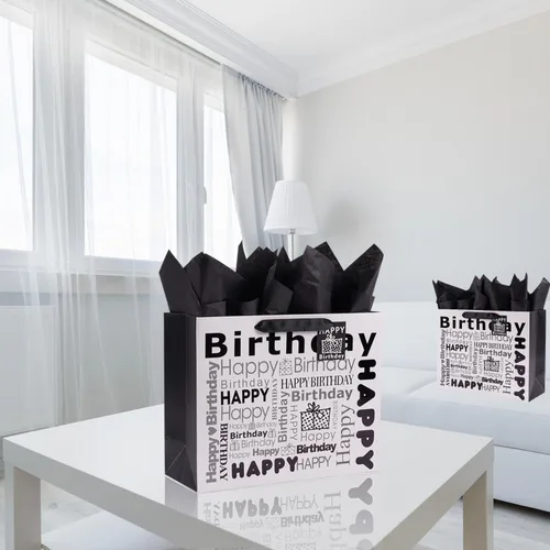 Vista 3 de JWSCYSY 1 bolsa de regalo grande blanca y negra con papel de seda, bolsa de regalo de feliz cumpleaños para hombres y mujeres, 12.6 x 10.25 x 4.7