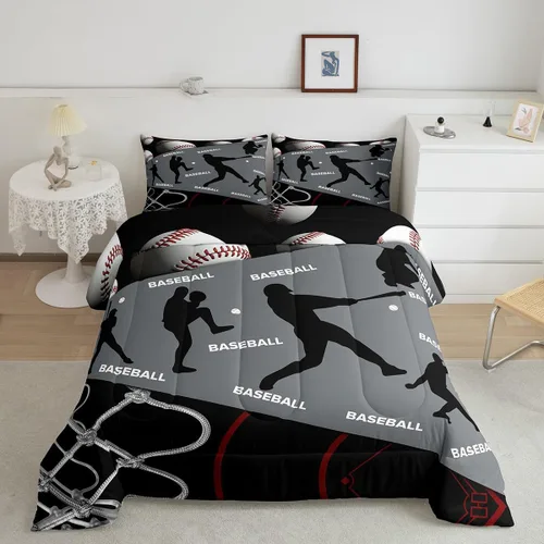 Vista 2 de Erosebridal Juego de edredón de béisbol para adolescentes y jóvenes, juegos de ropa de cama geométricos negros y grises para regalo para niños