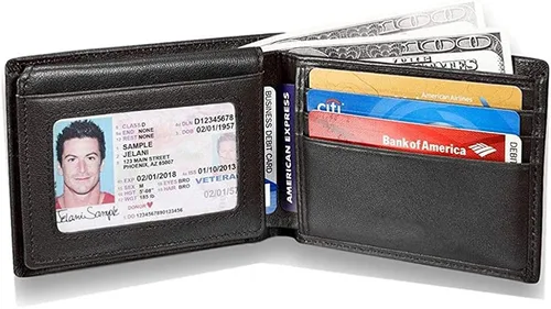 Vista 4 de MUITON Cartera de cuero plegable con protección RFID para hombre con ventana de identificación en caja de regalo