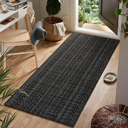 Vista 12 de Alfombra de baño estilo bohemio, 2 x 3 pies, alfombra de algodón tejida a mano para entrada, reversible, lavable, alfombra estilo granja, color Negro