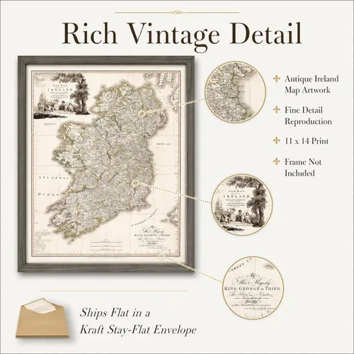 Vista 5 de Map of Ireland 1792 11x14 Unframed Poster, Antique 18th Century Irish Counties Cartography Print, Vintage Sepia Geography Art, King George III
