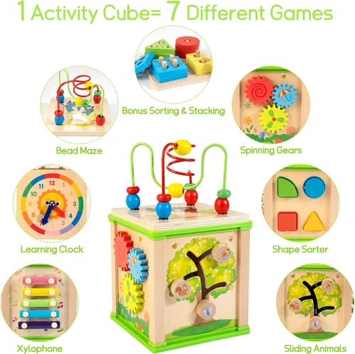 Vista 4 de WOODMAM Cubo de actividades 7 en 1 de madera y caja educativa 9 en 1