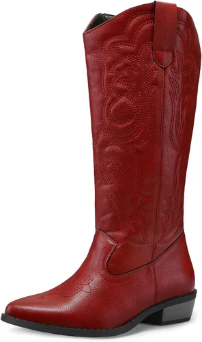 Vista 12 de mysoft Botas vaqueras para mujer de media pantorrilla bordadas estilo occidental de punta puntiaguda con tacón grueso tipo pull-on hasta la rodilla