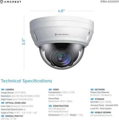 Vista 3 de Amcrest UltraHD 4K Varifocal PoE Dome Outdoor Security Camera, 4K (8-Megapixel) 3840x2160P, 164ft Night Vision, 4X Optical Zoom, Motorized Varifocal