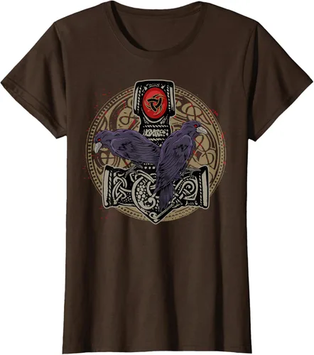 Vista 19 de Thors Hammer Mjolnir Huginn and Muninn Odin Raven - Camiseta, Negro, S