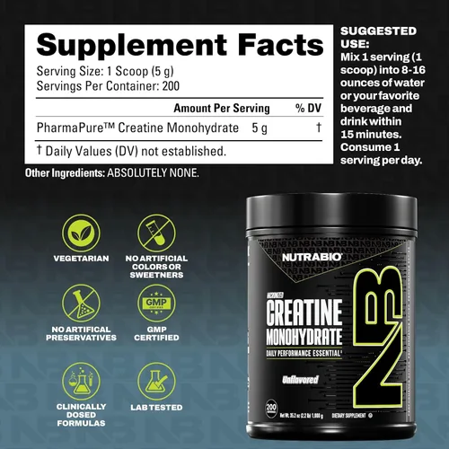 Vista 2 de NutraBio - Monohidrato de creatina de grado micronizado y puro, refuerza la energía y la fuerza muscular (35.27 onzas), sin sabor, probado por HPLC