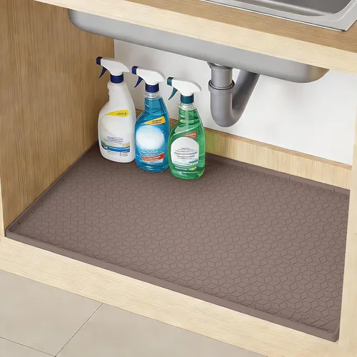 Vista 15 de TRZZ Tapete de silicona impermeable para debajo del fregadero de 34 x 22 pulgadas, bandeja de goteo y forro de gabinete para cocina y baño, evita