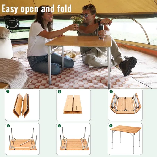 Vista 8 de KingCamp Mesa plegable de altura ajustable, 4 pliegues de bambú para acampar al aire libre, mesa de campamento portátil con bolsa de transporte