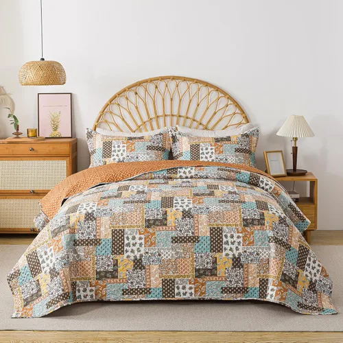 Vista 53 de Juego de cama de dos piezas, tamaño individual, de microfibra, reversible, de retazos, estilo floral, todas las estaciones, patrón de porcelana azul