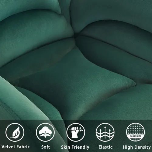 Vista 6 de Silla de escritorio de terciopelo suave cómoda con patas y ruedas de metal dorado, silla de oficina cómoda giratoria de 360 grados con altura Verde