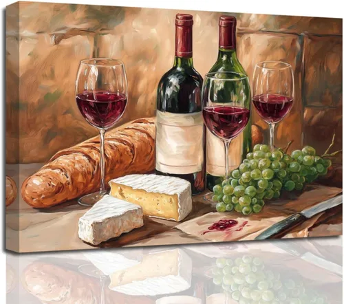 Vista 7 de XLMDYYSW Arte de pared vintage para cocina, imagen rústica de vino tinto y uva, pintura de queso de granja, botella de vino, impresiones en lienzo