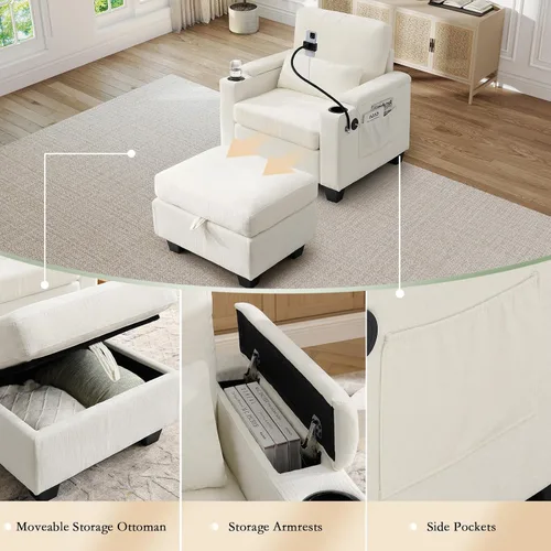 Vista 4 de Chaise Lounge Chair para interiores con puerto USB y soporte para teléfono, sillón reclinable pequeño de felpilla con otomana de almacenamiento