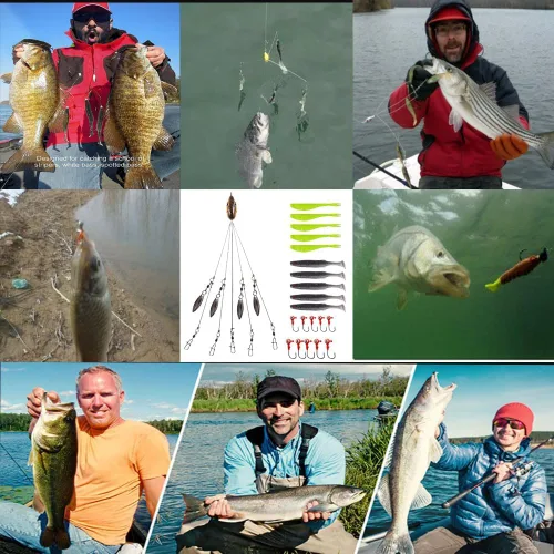Vista 5 de Alabama Rig Kit de 5 brazos Alabama Umbrella Rig Bass Fishing Kit un aparejo de pesca señuelos de pesca con cola de paleta preaparejada Swimbaits