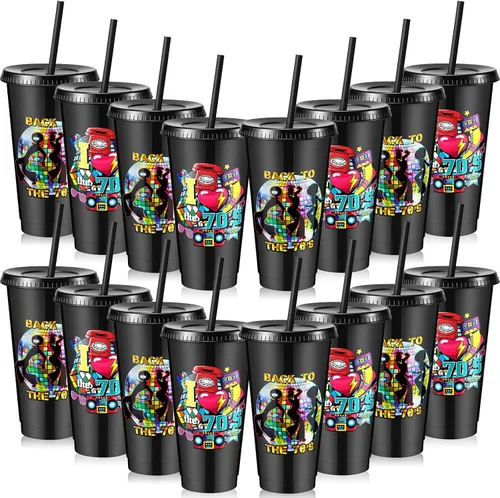 Vista 10 de Uiifan 16 piezas de decoraciones de fiesta de los años 50, tazas reutilizables de los años 50 con tapas y pajitas, suministros de Rock Sock Hop