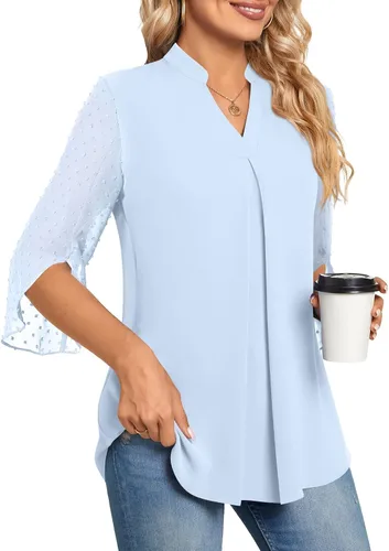 Vista 4 de Anyhold Blusa de gasa elegante de verano para mujer, cuello en V, manga pétalo, holgada, casual, lindas camisas para el trabajo