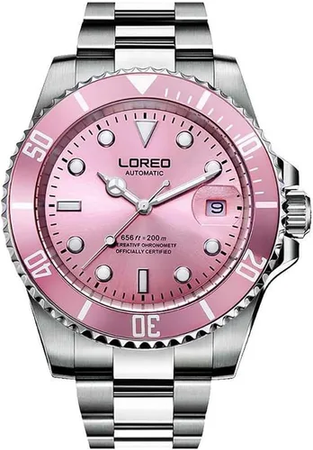 Vista 14 de LOREO Reloj automático de acero inoxidable plateado para hombre, con bisel giratorio, cristal de zafiro, negro