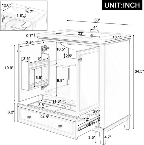 Vista 2 de Combinación de tocador de baño de 30 pulgadas con lavabo, armario de baño multifuncional con puertas y cajón, marco sólido y tablero de MDF